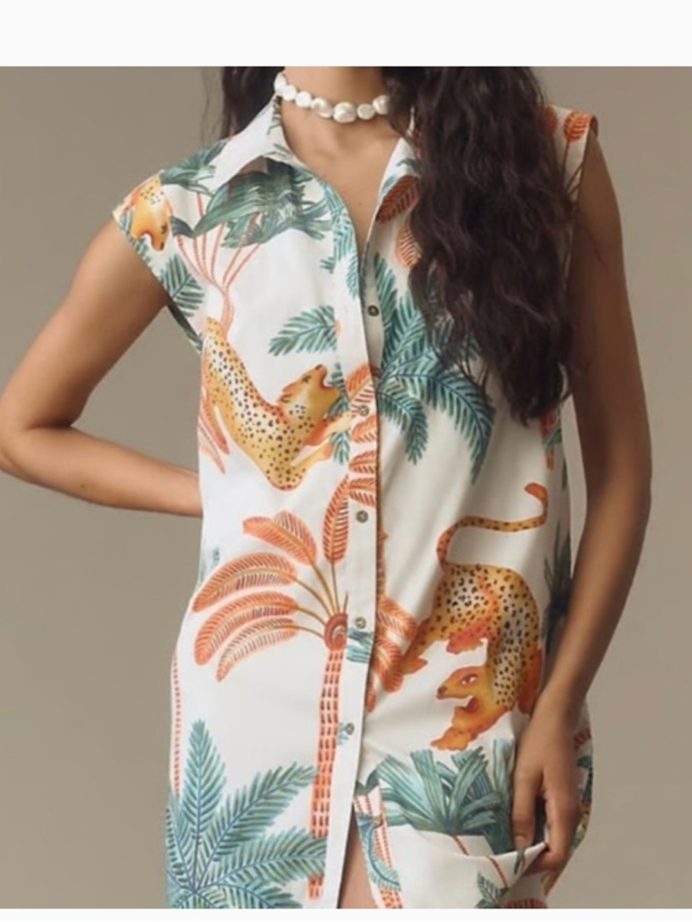 Anthropologie White Midi Shirt Dress with Green Palm & Orange Leopard Print
